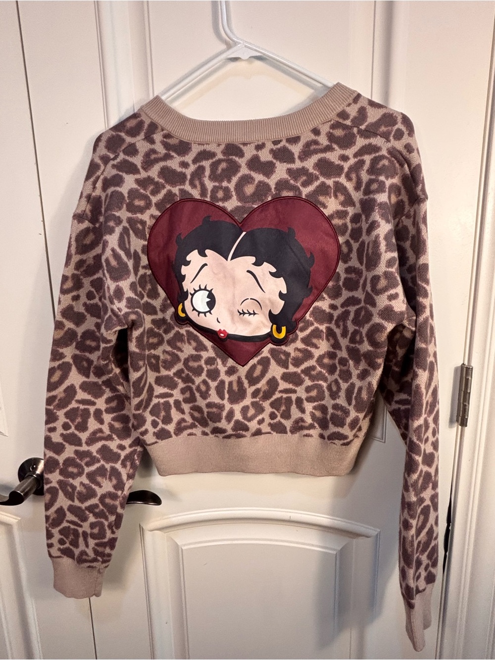 Betty Boop Graphic Leopard Long Sleeves Button Cardigan Sweater Women Size S